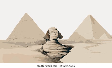 Illustration of the Sphinx and pyramids in a desert landscape. The Sphinx and pyramids are iconic symbols of ancient Egypt, showcasing historical architecture. Vintage illustration isolated, vector.