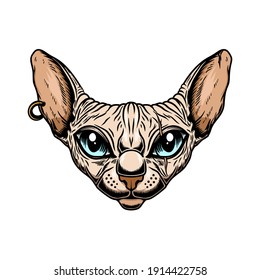 Illustration of sphynx cat head. Design element for poster card, logo, emblem, sign. Vector illustration