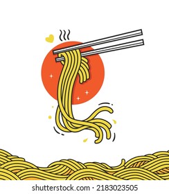 illustration spicy asian noodles with chopsticks