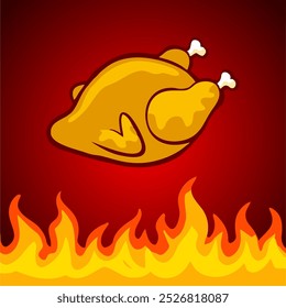 illustration of spicy fried chicken on a gradient red background with an illustration of fire depicting delicious, savory and spicy fried chicken.