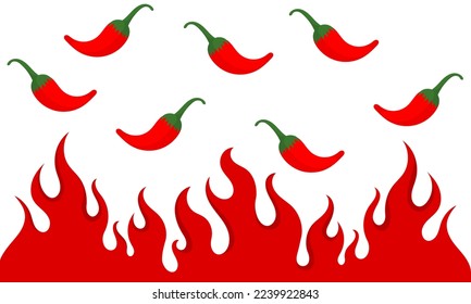 ilustración con un tema picante con un diseño de pimientos rojos y un fuego ardiente que indica picante y caliente