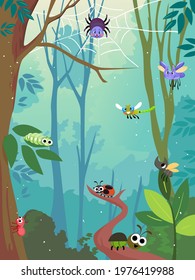 Illustration of a Spider, Caterpillar, Beetle, Dragonfly, Lady Bug and Ant in the Forest