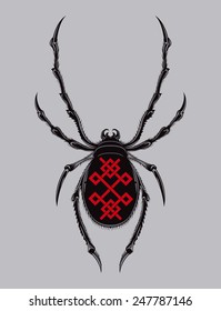 Illustration of spider with a red pattern.
