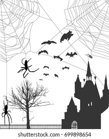 illustration with spider web in front of castle and bat silhouettes isolated on white background