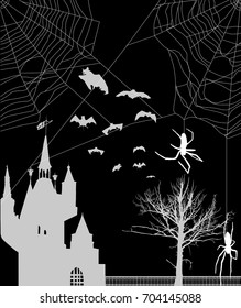 illustration with spider web in front of castle and bat silhouettes isolated on black background