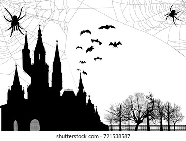 illustration with spider web in front of castle and bat silhouettes isolated on white background
