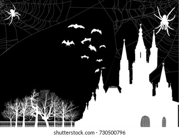 illustration with spider web in front of castle and bat silhouettes isolated on black background