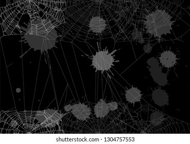 illustration with spider webs and blots isolated on black background