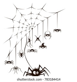 illustration of spiders and spiderweb on white background