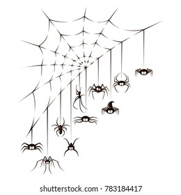 illustration of spiders and spiderweb on white background