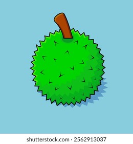 Illustration of a spiky green durian fruit with a brown stem on a light blue background. The bold, graphic style highlights the unique texture and vibrant color of the tropical fruit.