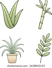Illustration of spiky plant elements: an aloe leaf, bamboo stalk, potted spider plant, and simple leaf twig.
