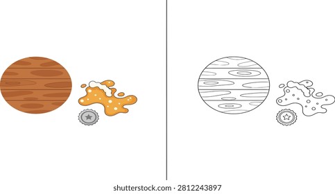 An illustration of spilled beer and a bottle cap next to a wooden coaster with a coloring page version