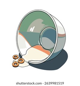 Illustration of a Spilled Bowl of Cereal with Milk on White Background for Design