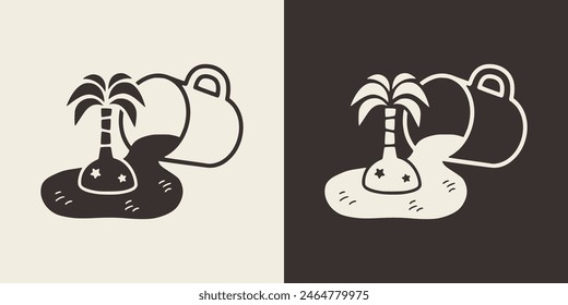 Illustration of spilled coffee and an island with a palm tree. Vintage beach vibes for printable products.