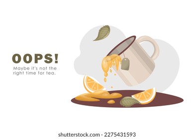 Illustration of spilled green tea with orange, dropped mug. Time for tea, time for coffee. Kitchen illustration.