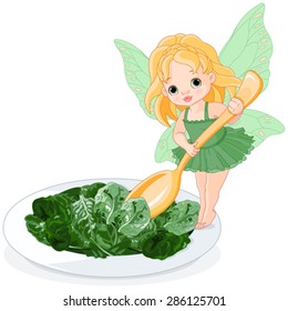 Illustration of Spinach Fairy with plate of spinach salad