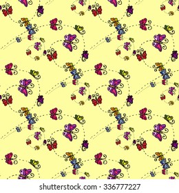 Illustration of a spiral with butterflies. Seamless pattern.