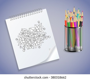 Illustration of spiral notebook with floral sketch and colored pencils in holder