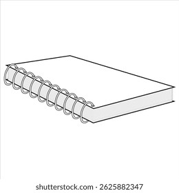 Illustration of a spiral-bound notebook featuring a wire coil on the left side connecting lined pages, all in black and white. The cover and pages are shown in perspective, emphasizing the thickness.