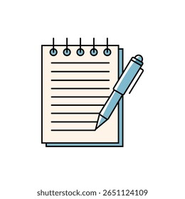 An illustration of a spiral-bound notepad with lines and a pen writing on it, symbolizing note-taking, writing, or task management.