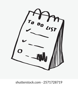 Illustration of a spiral-bound to-do list with checkmarks. Simple, hand-drawn style. Organized tasks on a notepad. Minimalist design. Simple black line art doodle vector.