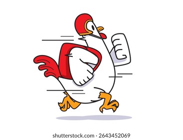 Illustration of a spirited cartoon chicken character wearing a delivery cap and bag, energetically running forward, symbolizing speed and service