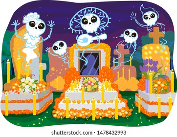 Illustration of Spirits Having Fun During the Day of the Dead at the Cemetery