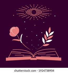 Illustration of spiritual session. Set of magic items, magic book about  and love. Opening third eye of soul. Vector drawing in outline style for design of tarot cards, social networks, groups.