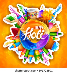 illustration of splash with Holi object coming out from bucket