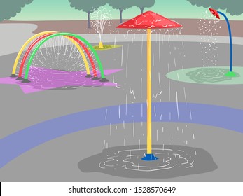 Illustration Of Splash Pads In A Water Park Outdoors