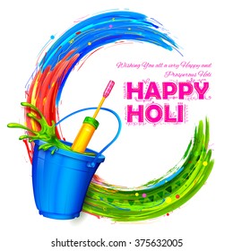 illustration of splashy bucket with pichkari in Happy Holi background