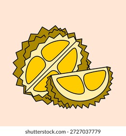Una ilustración de durión partido. La fruta se corta por la mitad, revelando el centro marrón