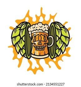 illustration of a split hop flower with a skull-shaped beer mug in the middle