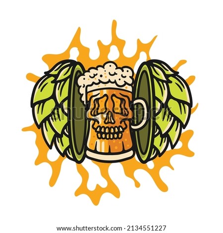 illustration of a split hop flower with a skull-shaped beer mug in the middle