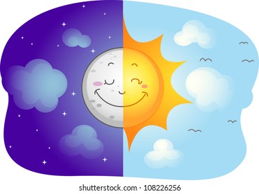 Illustration of a Split-screen Showing the Sun and the Moon