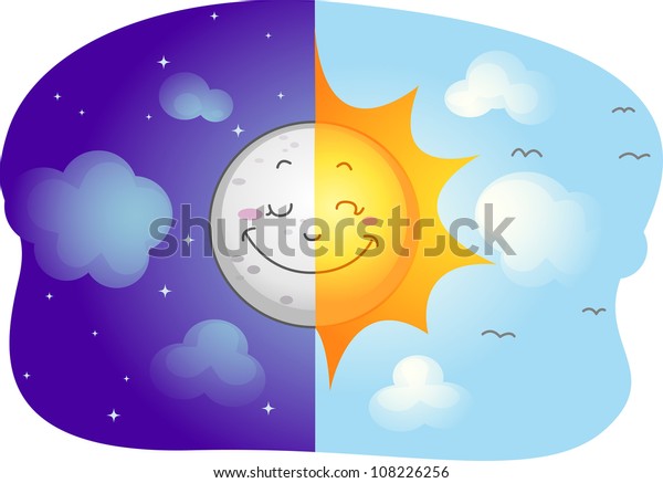 Illustration of a Split-screen Showing the Sun and\
the Moon