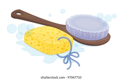 ilustración de esponja y pincel sobre fondo blanco