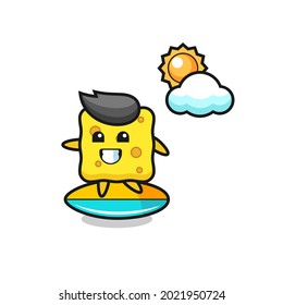 Illustration of sponge cartoon do surfing on the beach , cute style design for t shirt, sticker, logo element