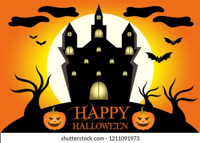 Illustration of a spooky castle, full moon, bats, pumpkins and trees, with text Happy Halloween