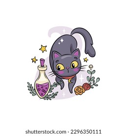 Illustration of spooky cat for Halloween party. Creepy and cute black cat are perfect as icon, pin, sticker, card, print and more projects