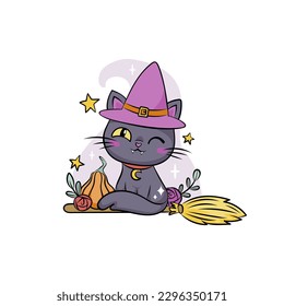 Illustration of spooky cat in witch hat for Halloween party. Creepy and cute black cat are perfect as icon, pin, sticker, card, print and more projects