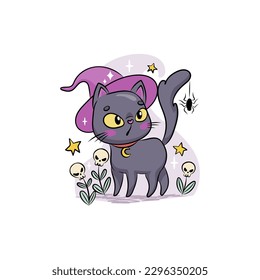 Illustration of spooky cat in witch hat for Halloween party. Creepy and cute black cat are perfect as icon, pin, sticker, card, print and more projects