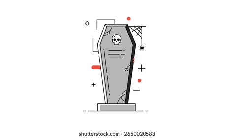 An illustration of a spooky coffin with a skull symbol and cobwebs for halloween celebrations and scary events