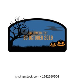 Illustration of spooky empty field with with gnarly tree and smiling pumpkins leaving copy space in the middle of the picture, can be used as marketing or promotion material of Halloween occasion