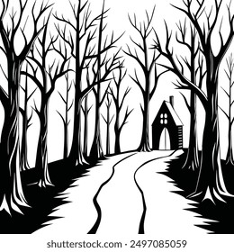 Illustration of a spooky forest with bare trees and a house with a red door.