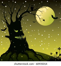 An illustration of a spooky Halloween tree.