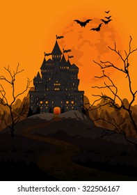 Illustration of spooky haunted kingdom on night background