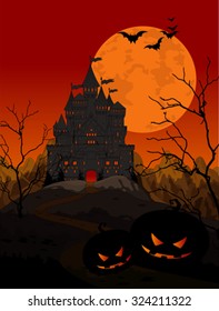 Illustration of spooky haunted kingdom on night background