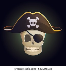 Illustration of a spooky smiling human pirate hook ghost scull in a pirate hat with scull and bones and eye patch on eye. Design element for web, decoration and print.